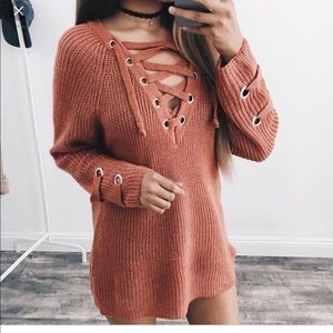 Lace up long sweater